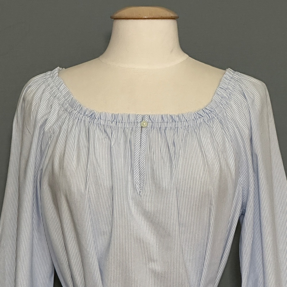 LOFT Womens Top L Blue White Pinstripe Belted Peasant Feminine AIry Nautical - Picture 2 of 10